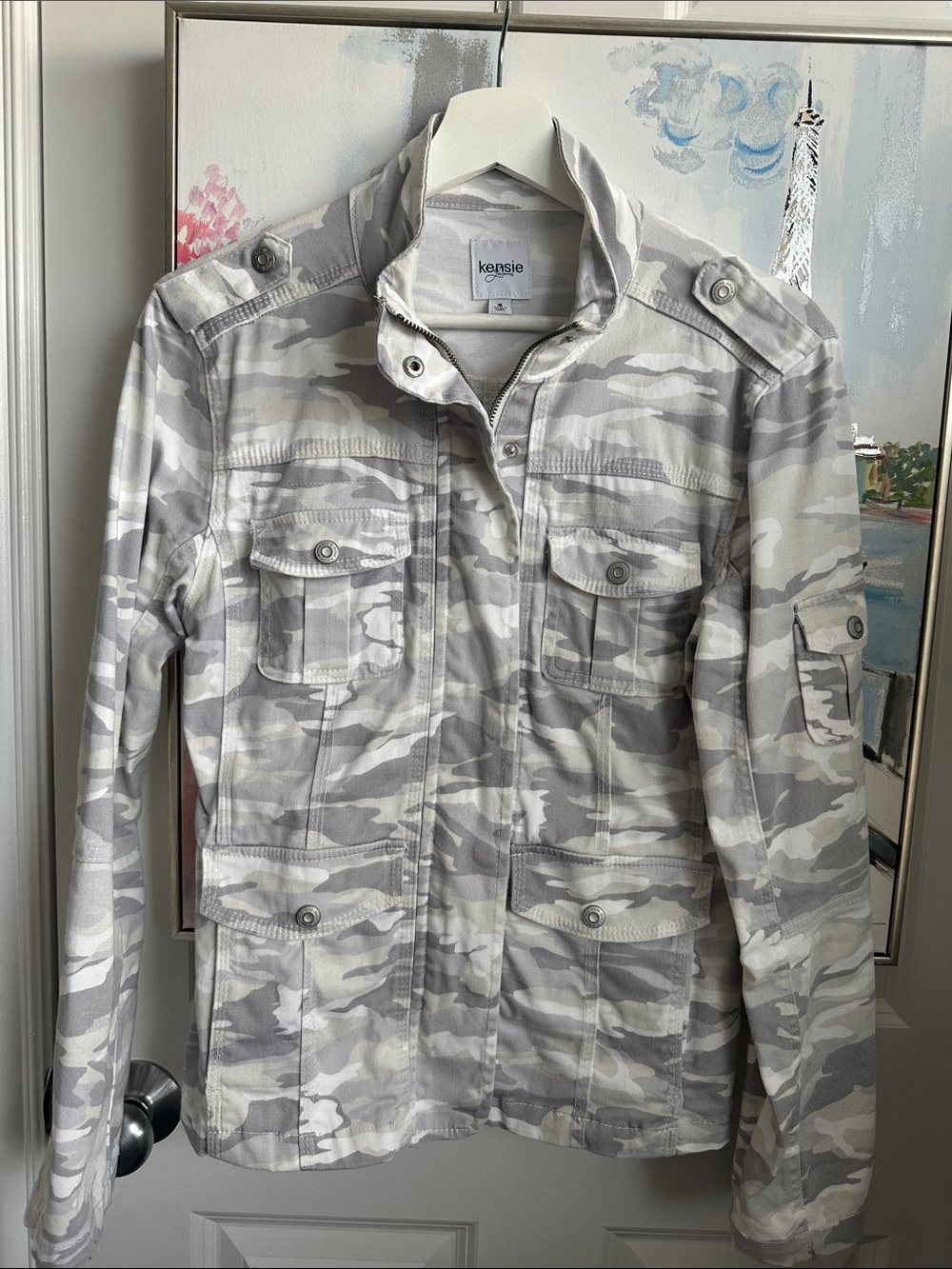 kensie Light Grey & White Camouflage Utility Jacket
